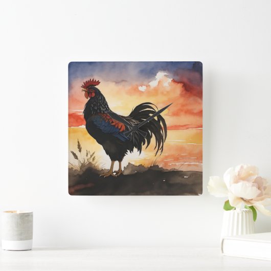 Rustieke Rooster Sunrise Vierkante Klok (Huis)