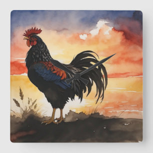 Rustieke Rooster Sunrise Vierkante Klok