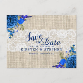 Rustieke Royal Blue Floral Burlap Save the Date Aankondigingskaart