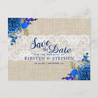 Rustieke Royal Blue Floral Burlap Save the Date Aankondigingskaart