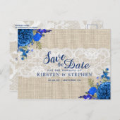 Rustieke Royal Blue Floral Burlap Save the Date Aankondigingskaart (Voorkant / Achterkant)