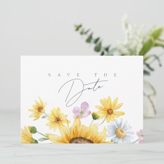 Rustieke Royal Blue Opulence Zonnebloemen Bruiloft Save The Date (Staand voorkant)