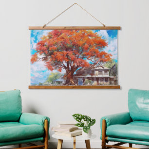 Rustieke Royal Poinciana Tree in Bloom Waterverf Hangend Wandkleed