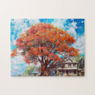Rustieke Royal Poinciana Tree in Bloom Waterverf Legpuzzel