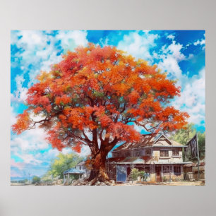 Rustieke Royal Poinciana Tree in Bloom Waterverf Poster