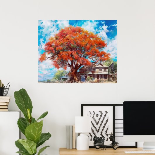 Rustieke Royal Poinciana Tree in Bloom Waterverf Poster (Thuiskantoor)
