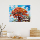 Rustieke Royal Poinciana Tree in Bloom Waterverf Poster (Keuken)