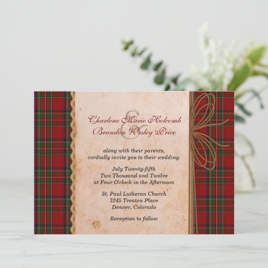 Rustieke Royal Stewart Plaid bruiloft uitnodiging (Staand voorkant)