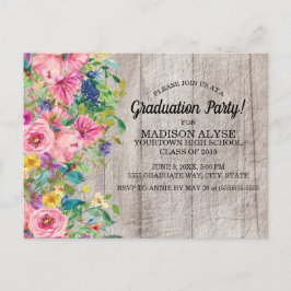 Rustieke Roze Blauwe Aquarel Bloem Grads Feest Briefkaart