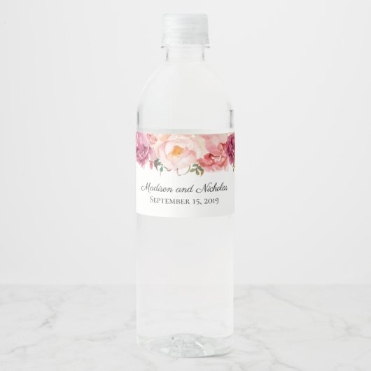 Rustieke Roze Bloem Bruiloft Water Fles Labels Waterfles Etiket (Voorkant)