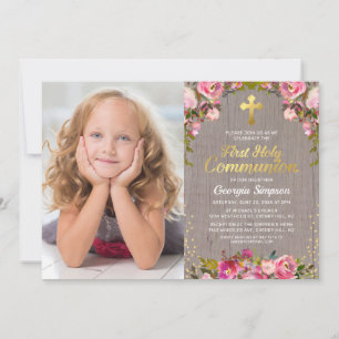 Rustieke Roze Bloem Eerste Heilige Communie Foto Kaart