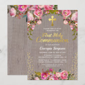 Rustieke Roze Bloem Eerste Heilige Communie Kaart (Voorkant / Achterkant)