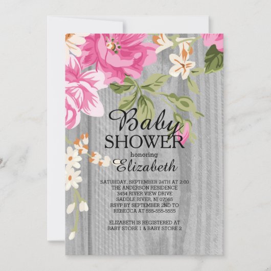 Rustieke Roze Bloem Hout Baby shower Invitation Kaart (Voorkant)