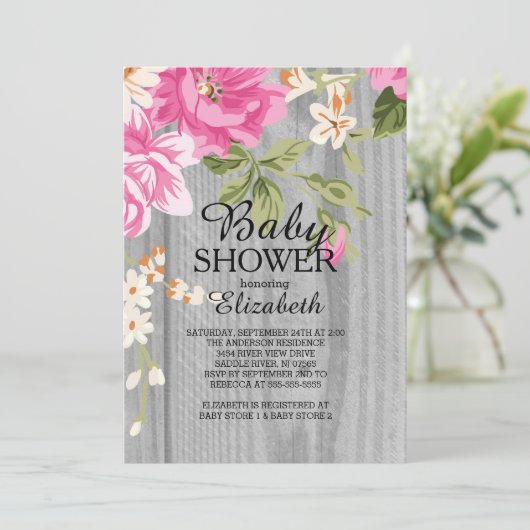 Rustieke Roze Bloem Hout Baby shower Invitation Kaart (Staand voorkant)