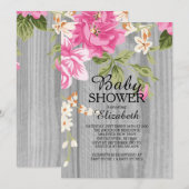 Rustieke Roze Bloem Hout Baby shower Invitation Kaart (Voorkant / Achterkant)