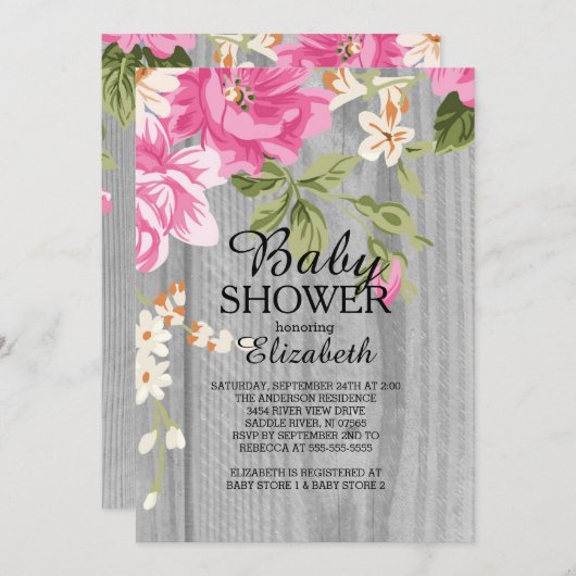 Rustieke Roze Bloem Hout Baby shower Invitation Kaart (Voorkant / Achterkant)