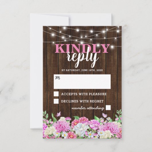 Rustieke roze bloem slingerlampjes bruiloft RSVP Kaartje (Voorkant)