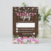 Rustieke roze bloem slingerlampjes bruiloft RSVP Kaartje (Staand voorkant)