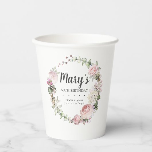 Rustieke Roze Bloemen 60e Verjaardagsfeestje Papie Papieren Bekers (Voorkant)