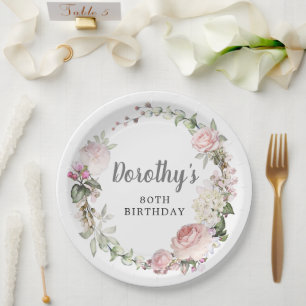 Rustieke Roze Bloemen 80e Verjaardag Papieren Bordje