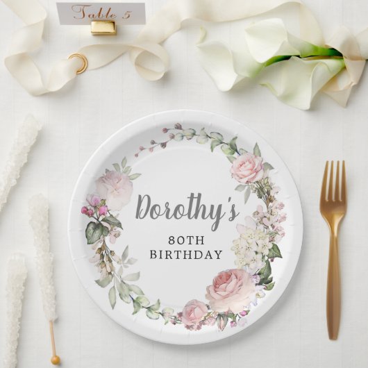 Rustieke Roze Bloemen 80e Verjaardag Papieren Bordje (Huwelijk)