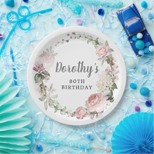 Rustieke Roze Bloemen 80e Verjaardag Papieren Bordje (Feest)
