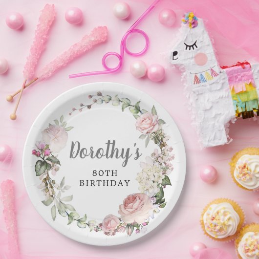 Rustieke Roze Bloemen 80e Verjaardag Papieren Bordje (Feest)