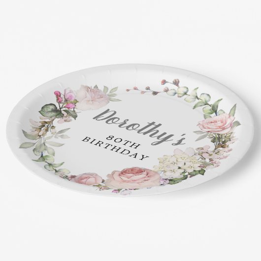 Rustieke Roze Bloemen 80e Verjaardag Papieren Bordje (Gekanteld)