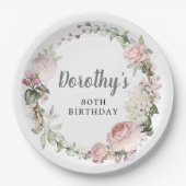 Rustieke Roze Bloemen 80e Verjaardag Papieren Bordje (Voorkant)