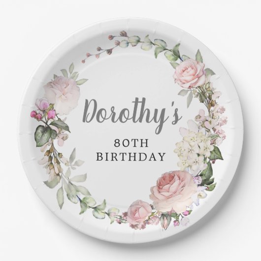 Rustieke Roze Bloemen 80e Verjaardag Papieren Bordje (Voorkant)