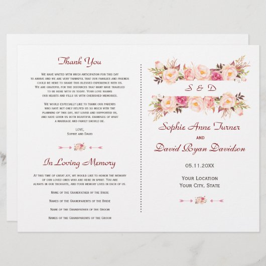 Rustieke Roze Bloemen Bloemen Lijst Trouwprogramma (Voorkant / Achterkant)