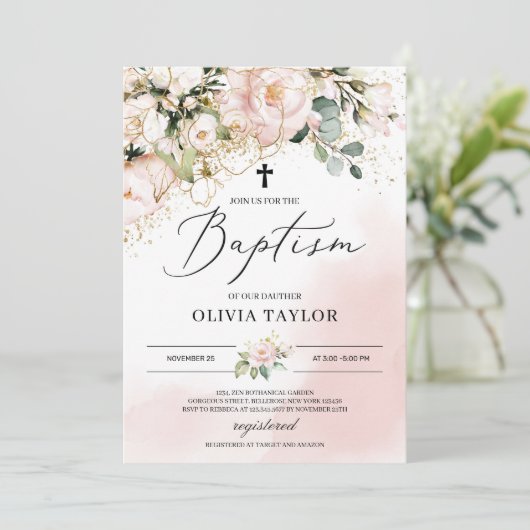 Rustieke roze bloemen boho doop kaart (Staand voorkant)