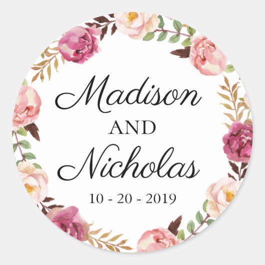 Rustieke Roze Bloemen Bruiloft Envelop Seal Sticke Ronde Sticker (Voorkant)