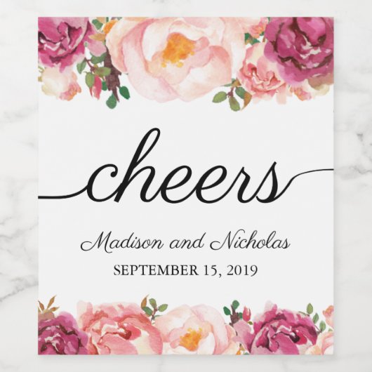 Rustieke Roze Bloemen Bruiloft Wijn Labels Wijn Etiket (Enkel label)