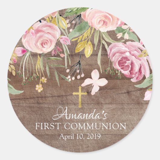 Rustieke Roze Bloemen Eerste Heilige Communie Stic Ronde Sticker (Voorkant)