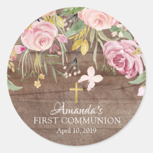 Rustieke Roze Bloemen Eerste Heilige Communie Stic Ronde Sticker