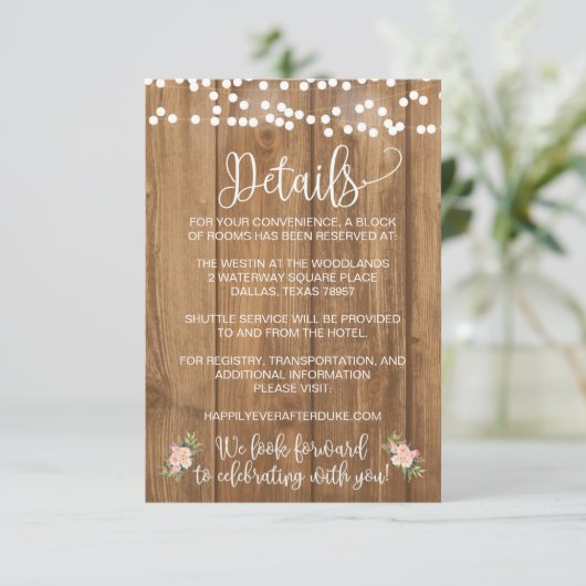 Rustieke Roze Bloemen en Hout Bruiloft Detail Kaar Informatiekaartje (Staand voorkant)