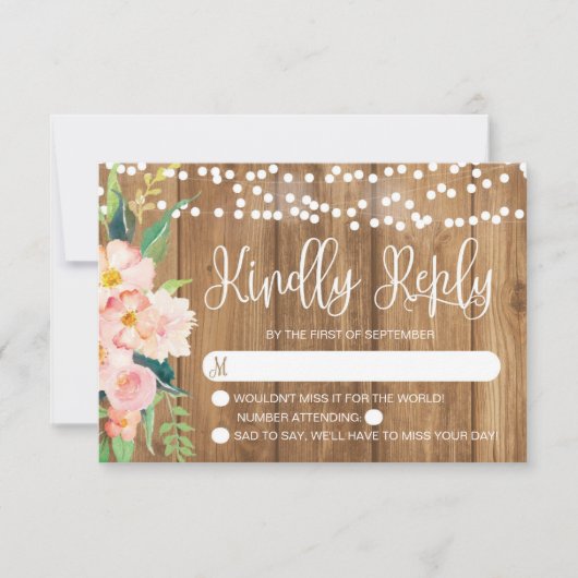 Rustieke Roze Bloemen en Hout Bruiloft RSVP (Voorkant)