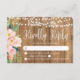 Rustieke Roze Bloemen en Hout Bruiloft RSVP Kaartje