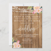 Rustieke Roze Bloemen en Hout Bruiloft Uitnodiging (Voorkant)