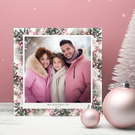 Rustieke Roze Bloemen Gingham Plaid Vakantie Foto Feestdagenkaart