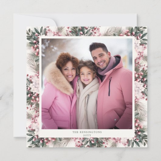 Rustieke Roze Bloemen Gingham Plaid Vakantie Foto Feestdagenkaart (Voorkant)