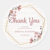 Rustieke Roze Bloemen Gouden Rand Dank u Bruiloft Ronde Sticker (Voorkant)
