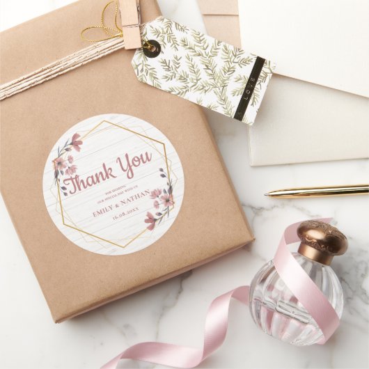 Rustieke Roze Bloemen Gouden Rand Dank u Bruiloft Ronde Sticker (Geschenken)