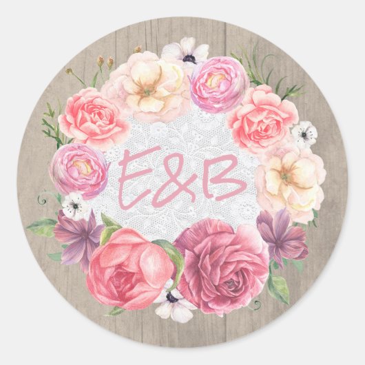 Rustieke roze bloemen krans bruiloft ronde sticker (Voorkant)