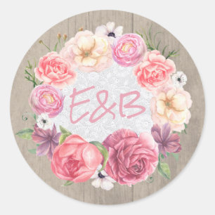 Rustieke roze bloemen krans bruiloft ronde sticker