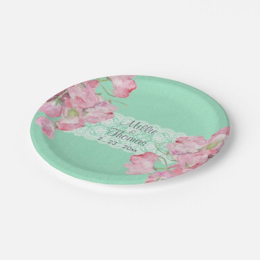 Rustieke Roze Bloemen op Mint Green Burlap Wedding Papieren Bordje (Gekanteld)