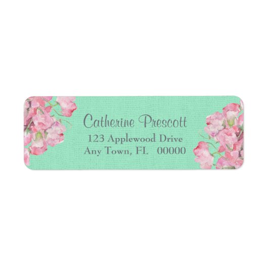 Rustieke Roze Bloemen op Mint Groene Burlap Etiket (Voorkant)