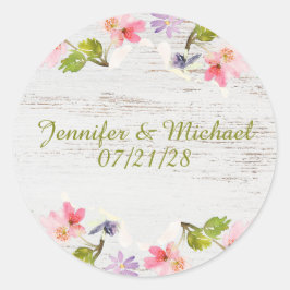 Rustieke roze bloemen op wit hout ronde sticker