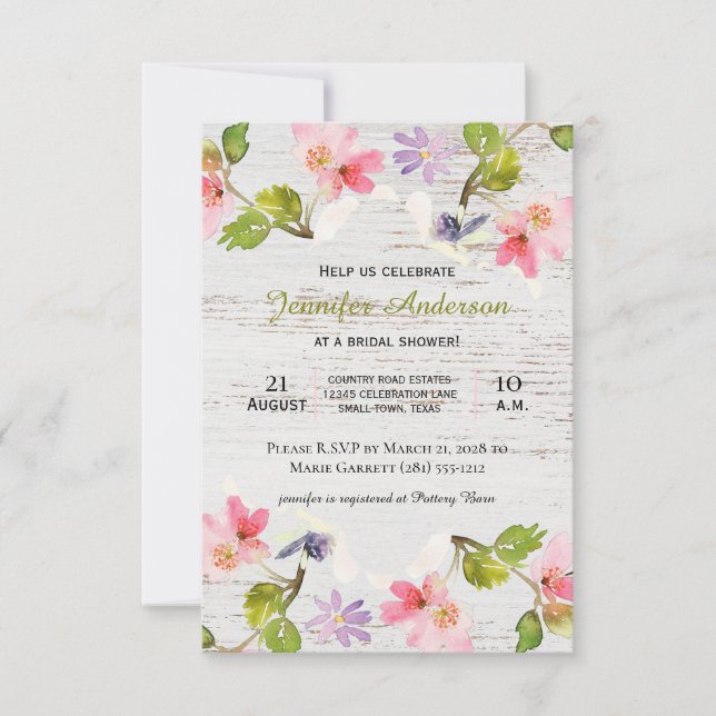 Rustieke Roze Bloemen op Witte Houten Uitnodiging  (Voorkant)